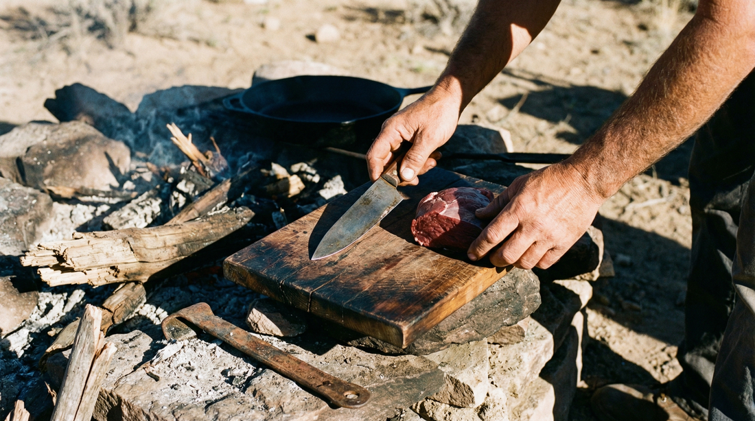 Outdoor-Kochszene mit Fleisch und Werkzeug – funktionales Geschenk für Männer