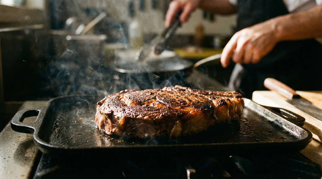 Steak mit intensiver Kruste in heisser Pfanne – Maillard-Reaktion beim Braten