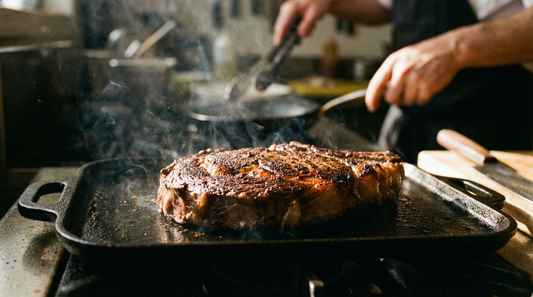 Steak mit intensiver Kruste in heisser Pfanne – Maillard-Reaktion beim Braten